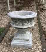 A reconstituted stone font planter, width 62cm, height 72cm, planting removed. Condition -