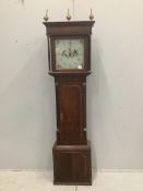 An early 19th century oak and mahogany banded eight day longcase clock, height 206cm. Condition -