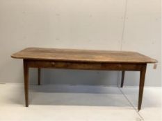 A 19th century French rectangular fruitwood kitchen table, width 200cm, depth 88cm, height 72cm.