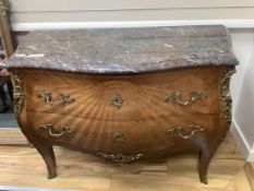 A French marble topped Louis XV style marquetry commode, width 119cm, depth 52cm, height 86cm.