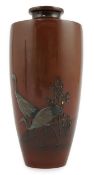 A Japanese precious metal overlaid bronze vase, signed, Meiji period, finely decorated with two