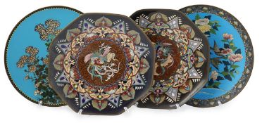 Four Japanese cloisonné polychrome enamel dishes, early 20th century, including a pair of
