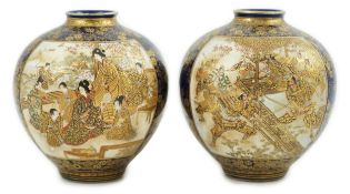A pair of Japanese Satsuma blue ground globular vases, Meiji period, painted with battling samurai
