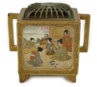 A Japanese Satsuma square koro, Meiji period, decorated with bijin, samurai and a rakan and boy in