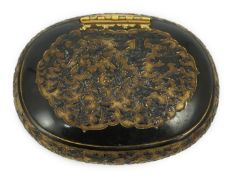 A Japanese export gilt bronze Sawasa oval tobacco box, 18th century, the flush cover bas-relief