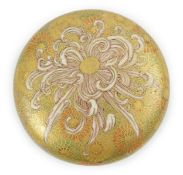 A Japanese Satsuma circular incense box and cover, Meiji period, painted with a florid chrysanthemum