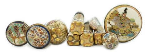 A group of ten Japanese Satsuma topped hair pins, early 20th century, of different shapes, variously