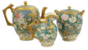 A fine Japanese Satsuma ‘millefleur’ three piece teaset, by Kinkozan, Meiji period, each piece