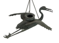 A large Japanese bronze ‘crane’ hanging lamp, 19th century, the crane modelled in-flight with