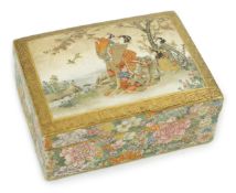 A Japanese Satsuma rectangular box and cover, by Kinkozan, Meiji period, finely painted to the cover