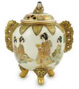 A large Japanese Satsuma koro and cover, Meiji period, the globular body applied with a pair of