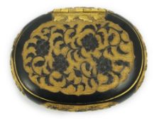 A small Japanese export gilt bronze Sawasa oval tobacco box, 18th century, bas-relief decorated to