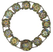 A Japanese enamelled silver belt, Meiji period, c.1900-10, each plaque cast and enamelled with a
