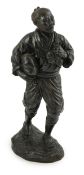 A Japanese bronze figure of a man, 19th century, carrying fabric wrapped packages suspended from