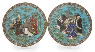 A pair of Japanese cloisonné enamel ‘Seven Sages of the Bamboo Grove’ dishes, Meiji period, one dish