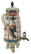 A Japanese Imari style coffee pot, Hizen ware, c.1700-1730, of hexagonal tapering form, the panelled