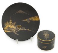 A Japanese damascened iron dish by Ohayo Shoten and a similar small circular box, by Komai