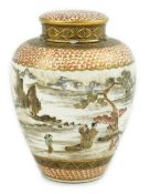 A Japanese Satsuma ovoid jar and cover, by Kinkozan, Meiji period, painted with figures in a