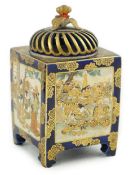 A Japanese Satsuma blue ground square koro and cover, Meiji period, painted to each side with rakan,