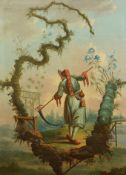 19th century English School Chinoiserie capriccio with figure holding a scytheoil on canvas97 x 71cm