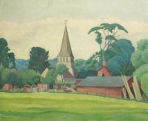 § § Ethelbert White (English, 1891-1972) English church from the greenoil on canvassigned50 x 60cm