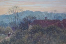 Helen Allingham (British, 1848-1926) Evening scene with cottage behind a high hedge, cart horses and