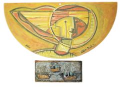William Black (St. Ives, fl.1950s-1960s) 'Boats in the mist' and 'Helios'mixed media on