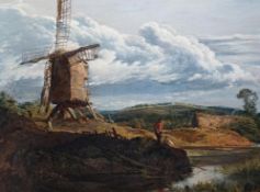 John Linnell (British, 1792-1882) Landscape with anglers and windmilloil on panel35 x 46cm Oil on
