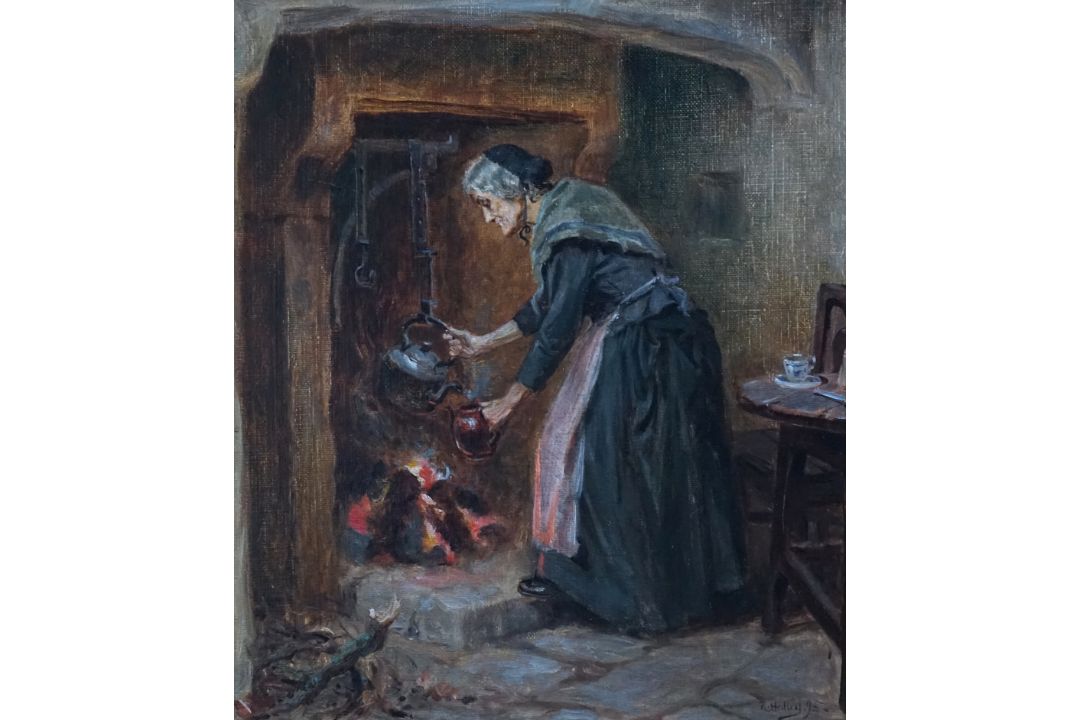 Ralph Hedley (British, 1851-1913) Interior with old woman at the hearthoil on canvassigned and dated - Image 1 of 5