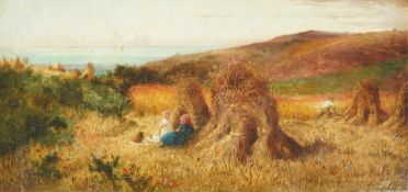 Charles James Lewis (British, 1830-1892) Harvest field, Guernseyoil on wooden panelsigned and