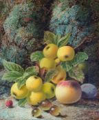Oliver Clare (British, 1853-1927) Still life of apples, gooseberries, a raspberry, plum and peachoil