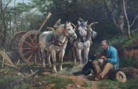 Richard Beavis (English, 1824-1896) Carter and horses at restoil on canvassigned and dated 187640