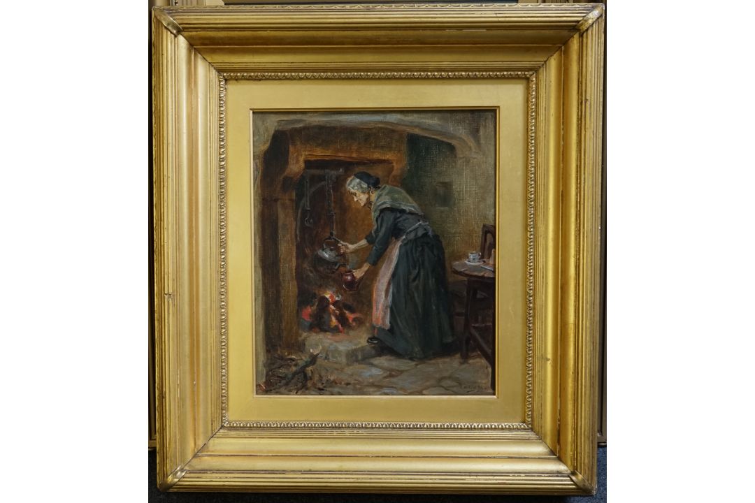 Ralph Hedley (British, 1851-1913) Interior with old woman at the hearthoil on canvassigned and dated - Image 3 of 5
