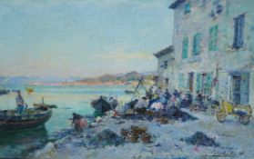 Julien Gustave Gagliardini (Italian, 1846-1927) Neapolitan coastal scene with seated figuresoil on