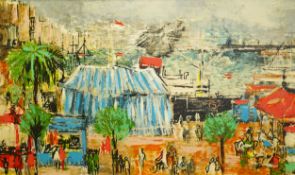 José Luis Florit Rodero (Spanish, 1909-2001) Harbour scene with figures, café and marqueeoil on
