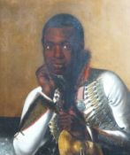Early 19th century English School Portrait of a black bandsman in uniform wearing the Waterloo medal