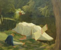 § § Richard Carline (English, 1896-1980) 'River Camp'oil on canvassigned45 x 54cm Oil on original