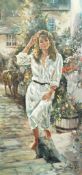 § § Gordon King (English, 1939-2022) Woman standing on a terrace, a donkey beyondoil on