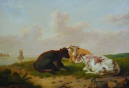 Thomas Sydney Cooper (English, 1803-1902) Cattle resting in a coastal meadowoil on canvassigned