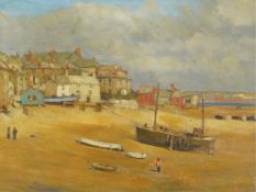 Newlyn School Fishing village at low tideoil on board25 x 32cm Honest untouched condition,