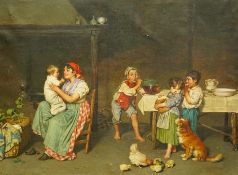 Federico Mazzotta (Italian, 1839-1897) Interior with mother and children, dog and chickensoil on