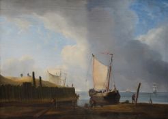Attributed to William Anderson (Scottish, 1757-1837) Shoreline with fishing boatsoil on