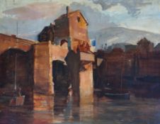 Attributed to Thérèse Lessore (1884-1945) French town viewed from the riveroil on panelsigned45 x