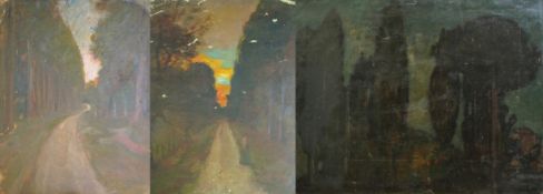 Albert de Belleroche (English, 1864-1944) Wooded path at sunset and Forest at night (3)oil on