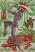 § § Margaret Barnard (British, 1900-1992) The Lion Slayerlinoleum cut printed in colours on tissue-