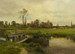 Thomas Taylor Ireland (British, fl.1891-1921) Lock scene with cottagesoil on canvassigned and