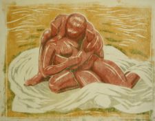 § § Margaret Barnard (British, 1900-1992) Lovers, c.1930linoleum cut printed in colours on tissue-