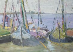 Labib Tadros (Egyptian, 1894-1943) Fishing boats in harbouroil on boardsigned28 x 39cm Oil on
