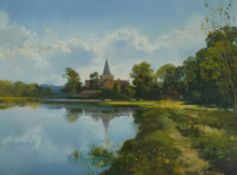 § § Frank Wootton (English, 1914-1998) Alfriston with the River Cuckmere in floodoil on