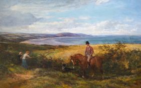 Heywood Hardy (British, 1843-1933) Rider beside figures picking blackberries, a coastal landscape
